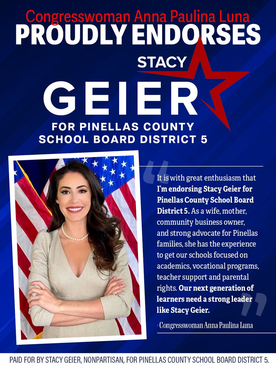 VoteStacyGeier's tweet photo. ππΊπΈπI have been endorsed by some true patriots. It is an honor be endorsed by @repluna ππΊπΈπ
#stacygeier
#vote #pinellas #fl #florida #august #election #pinellascountyfl #conservative #values #profamily #proteacher #prosafeschools #prostudent #prosuccess https://t.co/dV7NsOHcAh