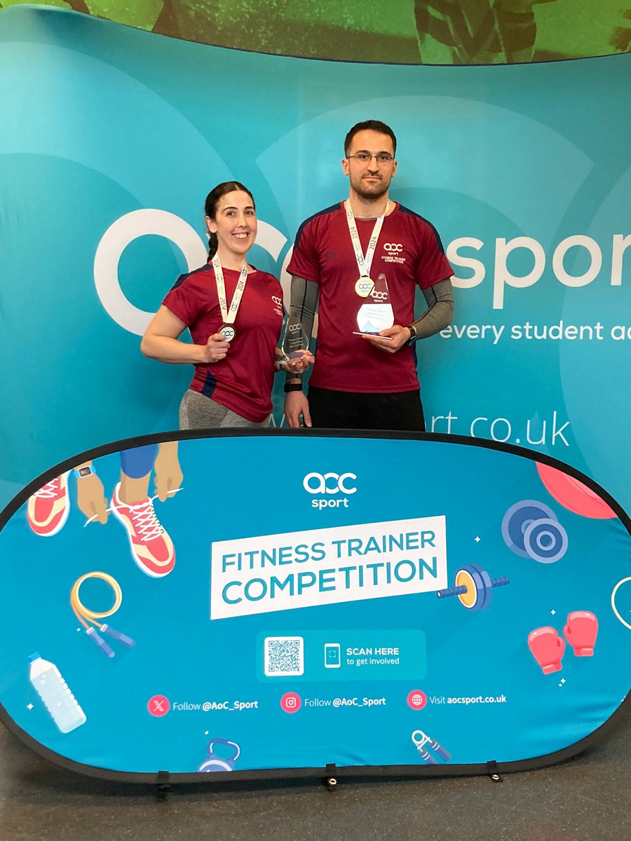 A huge congratulations to Damiano Argentieri and Lara Prothero- Whittaker for winning GOLD 🥇 and 🥉 BRONZE medals at the @AoC_Sport Personal Training UK finals ⭐ Being informed 'their professionalism was exemplary, and they represented @coleggwent impeccably' 🤩🏴󠁧󠁢󠁷󠁬󠁳󠁿💪🏆
