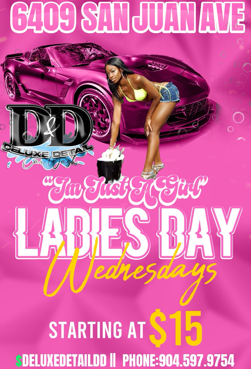 We know you too pretty and it’s too hot to be washing yo own car so pull up and we got ya 🖤ladies day specials starting at $15 in and out for cars come see us 🫶🏾 We know you just a girl 💁🏾‍♀️