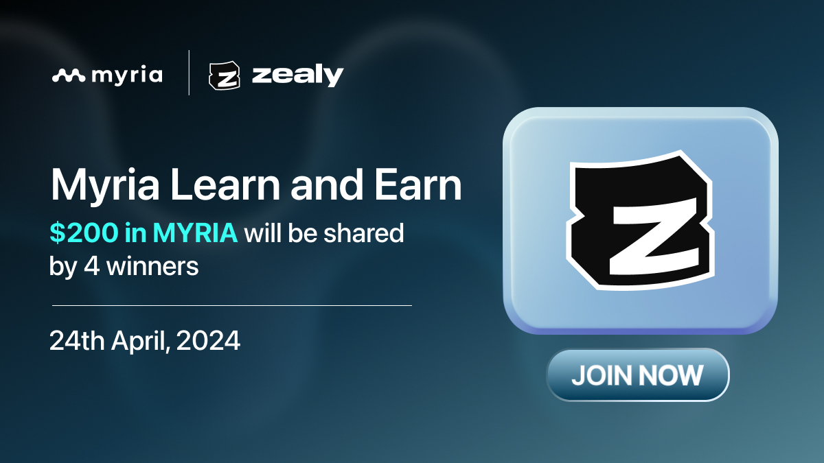Myria is back on Zealy! 💫 Join our latest @zealy_io campaign, complete tasks, answer questions, and earn points! A total of $200 in $MYRIA will be shared by 4 winners. 🗓️ Start: April 24 🏁 End: April 30 🔗 Join here: zealy.io/cw/myria/quest… Climb higher on the Zealy…