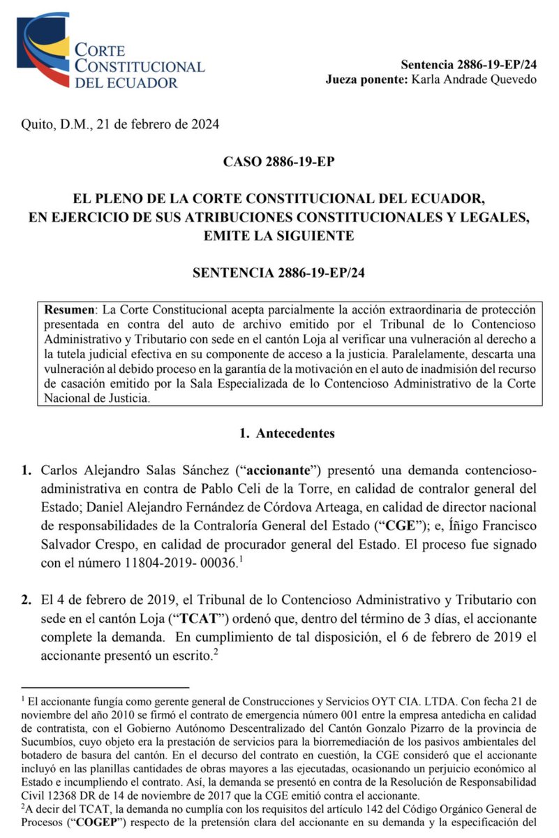 🔵Caso de excesivo formalismo por parte del Tribunal de lo Contencioso Administrativo y Tributario (TCAT) de Loja▶️Sentencia No. 2886-19-EP/24

🔹Un gerente general presentó una demanda contencioso administrativa en contra de la Contraloría General del Estado y la Procuraduría.