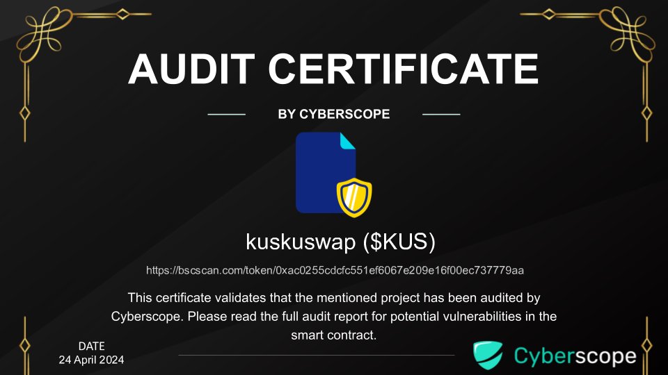 We just finished auditing
 @kuskusswap

Check the link below to see their full Audit report.
cyberscope.io/audits/kus

Want to get your project Audited?
cyberscope.io

#Audit #SmartContract #Crypto #Blockchain