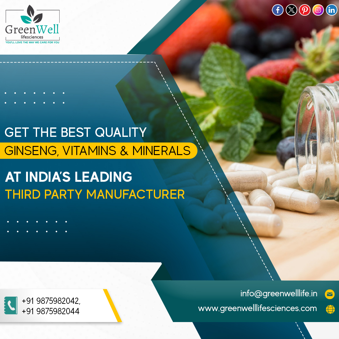 Get the Best Quality GINSENG, VITAMINS & MINERALS
At India's Leading Third-Party Manufacturer
#Greenwelllifesciences #Nutraceutical #Nutraceuticalmanufacturers #ThirdPartyManufacturing #thirdparty #pcdthirdparty #PCD #PCDPharma #PCDPharmacompany #Pharmacompanymohali #pcdfranchise