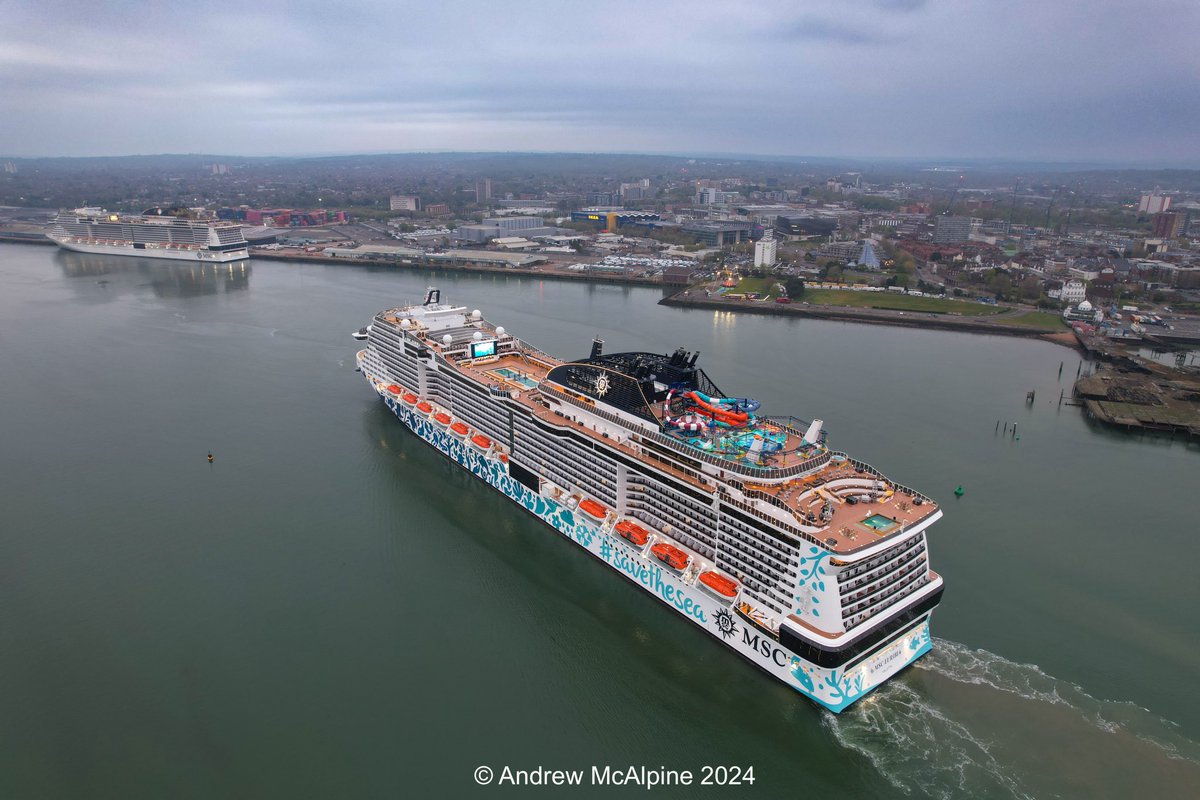 CruiseshipP's tweet photo. Yesterday @MSC_Cruises_UK #MSCEuriba &amp; #MSCVirtuosa were in port together yesterday for the second time.Euribia was making a final visit at the end of her winter season while Virtuosa was making the first visit at the start of the summer season. #cruise #cruisebritain #cruising https://t.co/1485hGQx7v