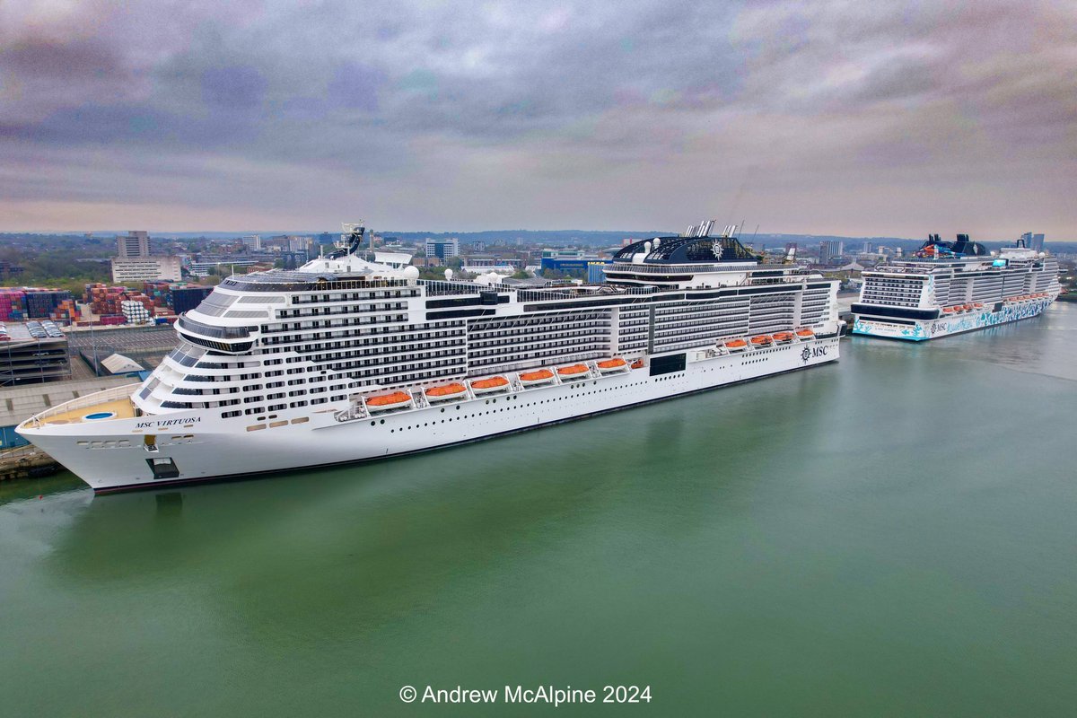 CruiseshipP's tweet photo. Yesterday @MSC_Cruises_UK #MSCEuriba &amp; #MSCVirtuosa were in port together yesterday for the second time.Euribia was making a final visit at the end of her winter season while Virtuosa was making the first visit at the start of the summer season. #cruise #cruisebritain #cruising https://t.co/1485hGQx7v