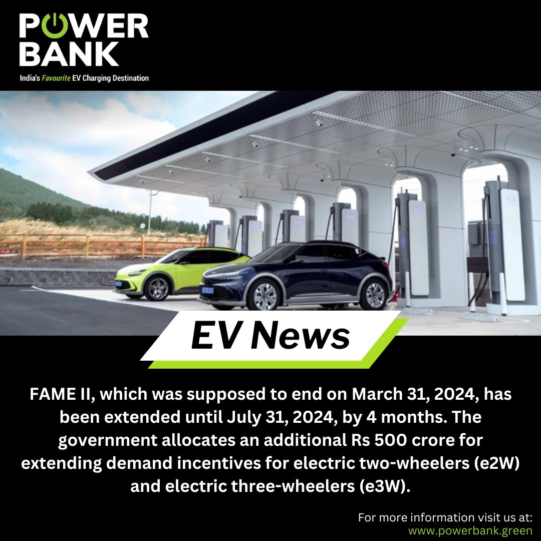 FAME II extension: Government allocates Rs 500 crore for e2W and e3W incentives, extending program till July 31, 2024, providing a boost to electric vehicle adoption.

#ev #evindia #fame2 #electricvehicle #evcharging #evchargingstation #evnews #news #electricscooter #emobility