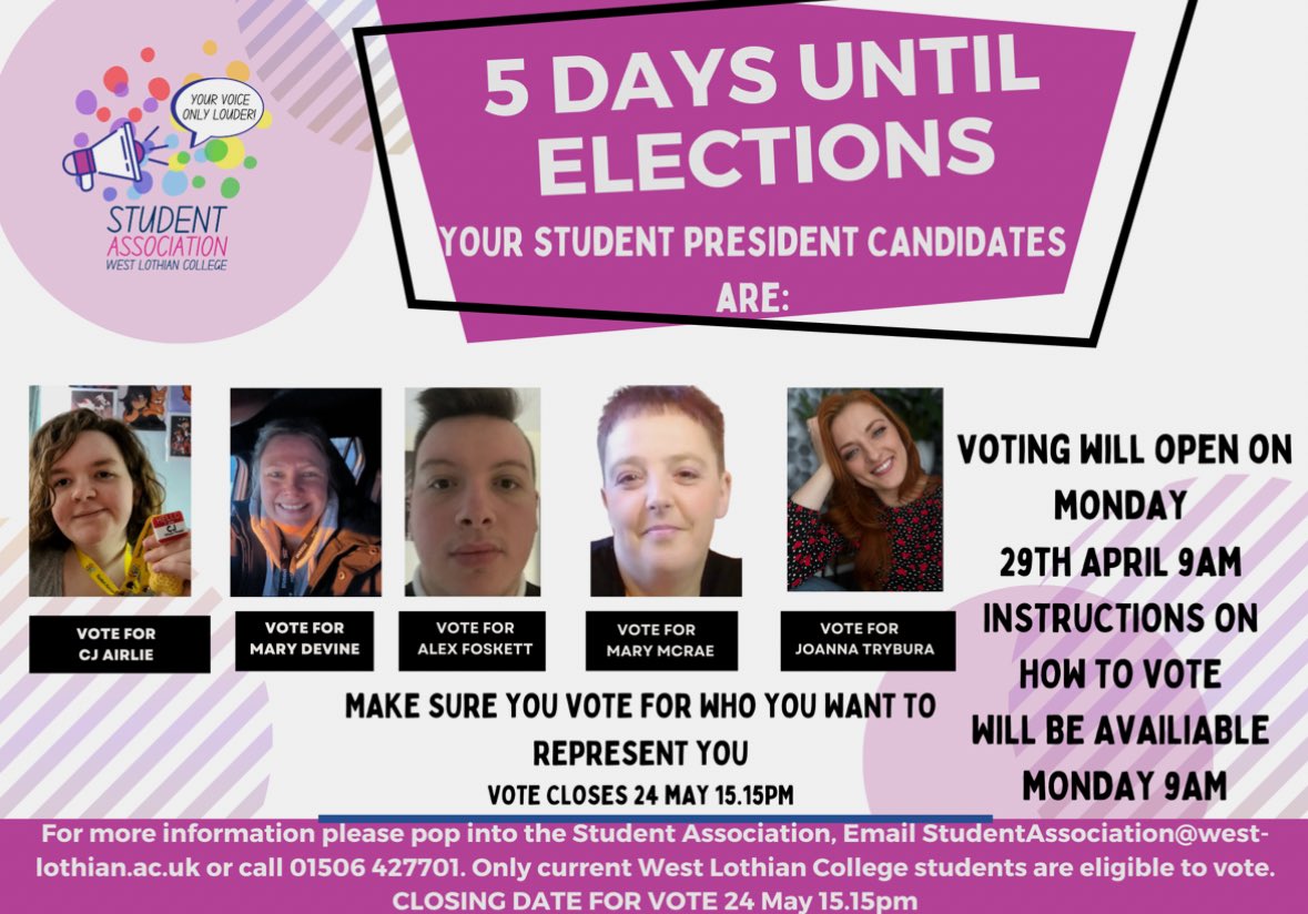 DRUM ROLL..... 🥁 🥁 🥁 Nominations have closed for your next Student Presidents.   Please meet all the candidates! You choose who represent you. Voting opens Monday! 5 DAYS TO GO!!   Only current @WestLoCollege students eligible to vote! @NUSScotland @JackieGalbraith