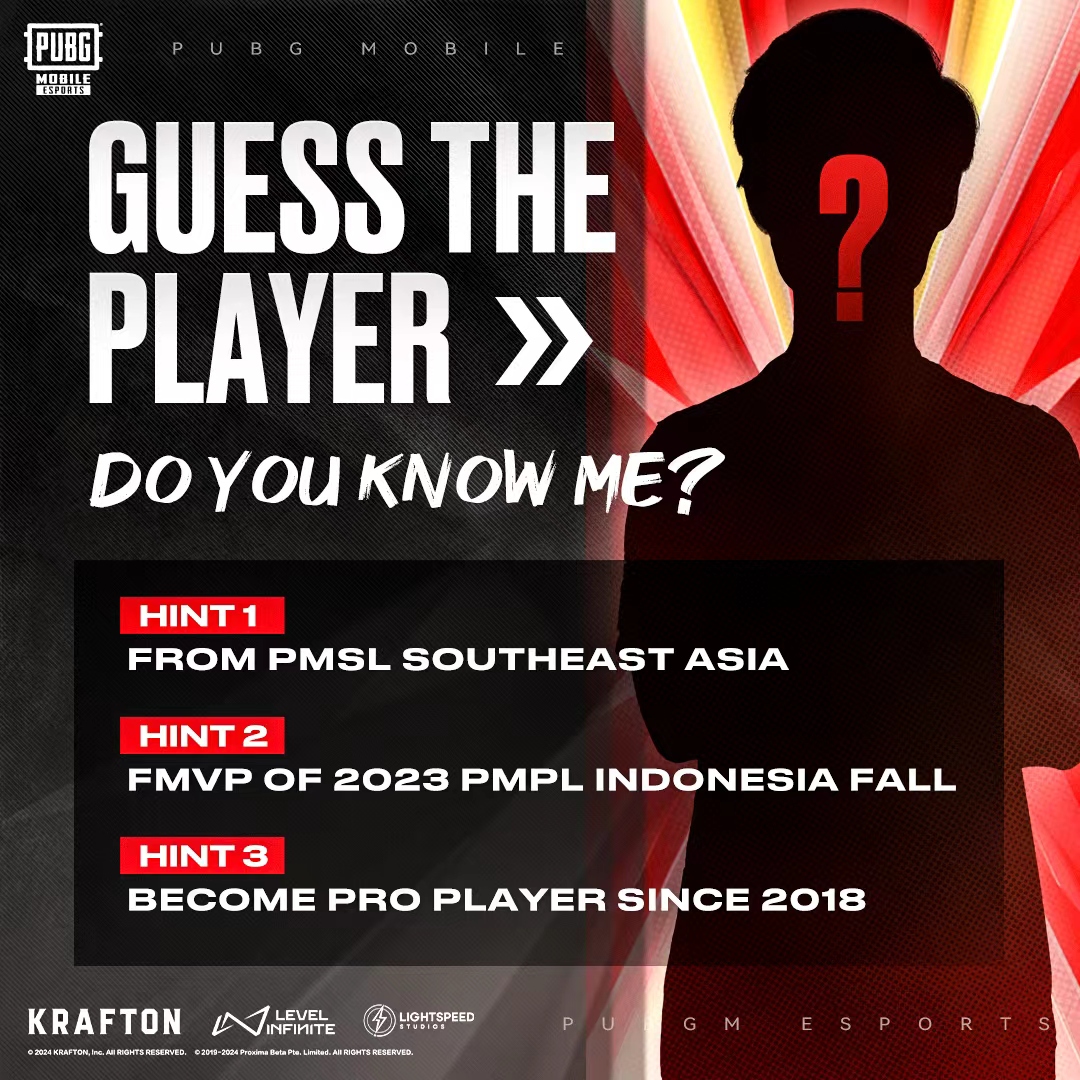 🔥Guess who it could be? 👀Decode the hints and make your prediction! 💬Share your player guess in the comments and let the excitement begin! 📲 Download PUBG MOBILE now: pubgmobile.live/Esports2024 #pubgmobile #pubgm #pubgmesports #pubgmobileesports #pmsl #pmsl2024