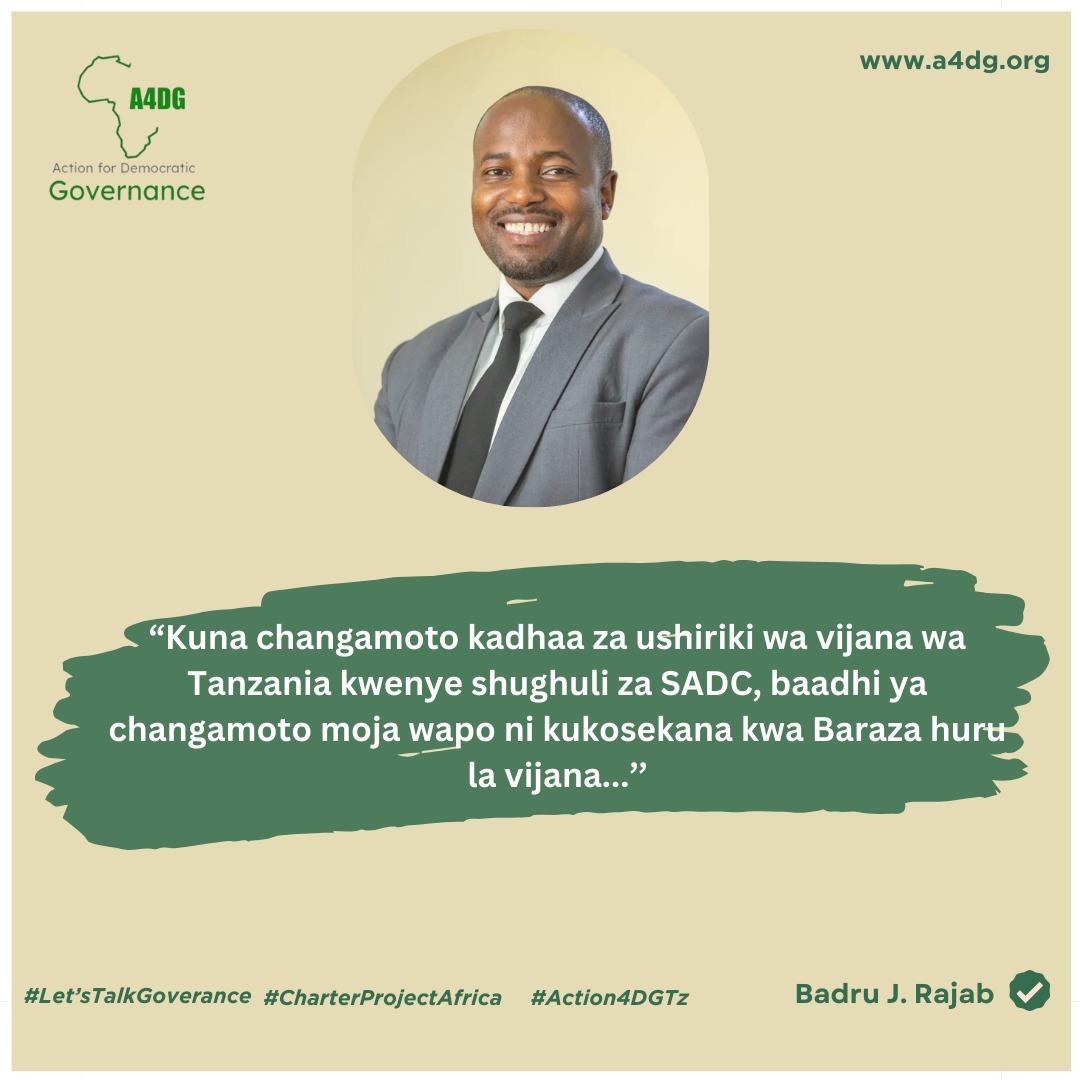 Baraza huru la vijana kukosekana nchini ni mkwamo katika utekelezaji wa Agenda nyingi zinazowahusu vijana. ~ @badrujumah 

#CharterProjectAfrica 
#KanuniZaSADC 
#Action4DGTz