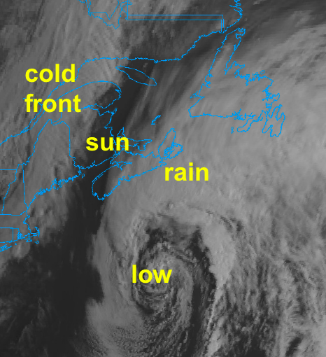 The 8:30am satellite image highlights the cloud on the cold front in NW NB, the impressive low well south on NS and the associated cloud over E areas. The clouds are dissipating in PEI; and I expect they will also thin out in Halifax.