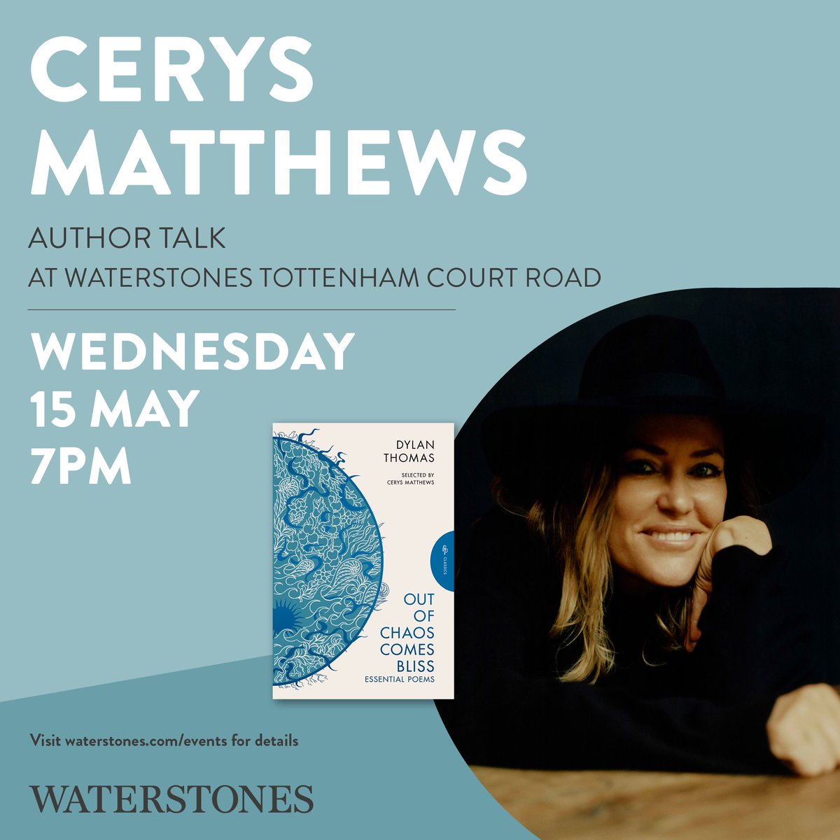 Just a day after #dylanday we will be having o author, musician and broadcaster @cerysmatthews at our store to celebrate the works of one of the greatest poets to ever live! Tickets ⬇️⬇️ waterstones.com/events/an-even…