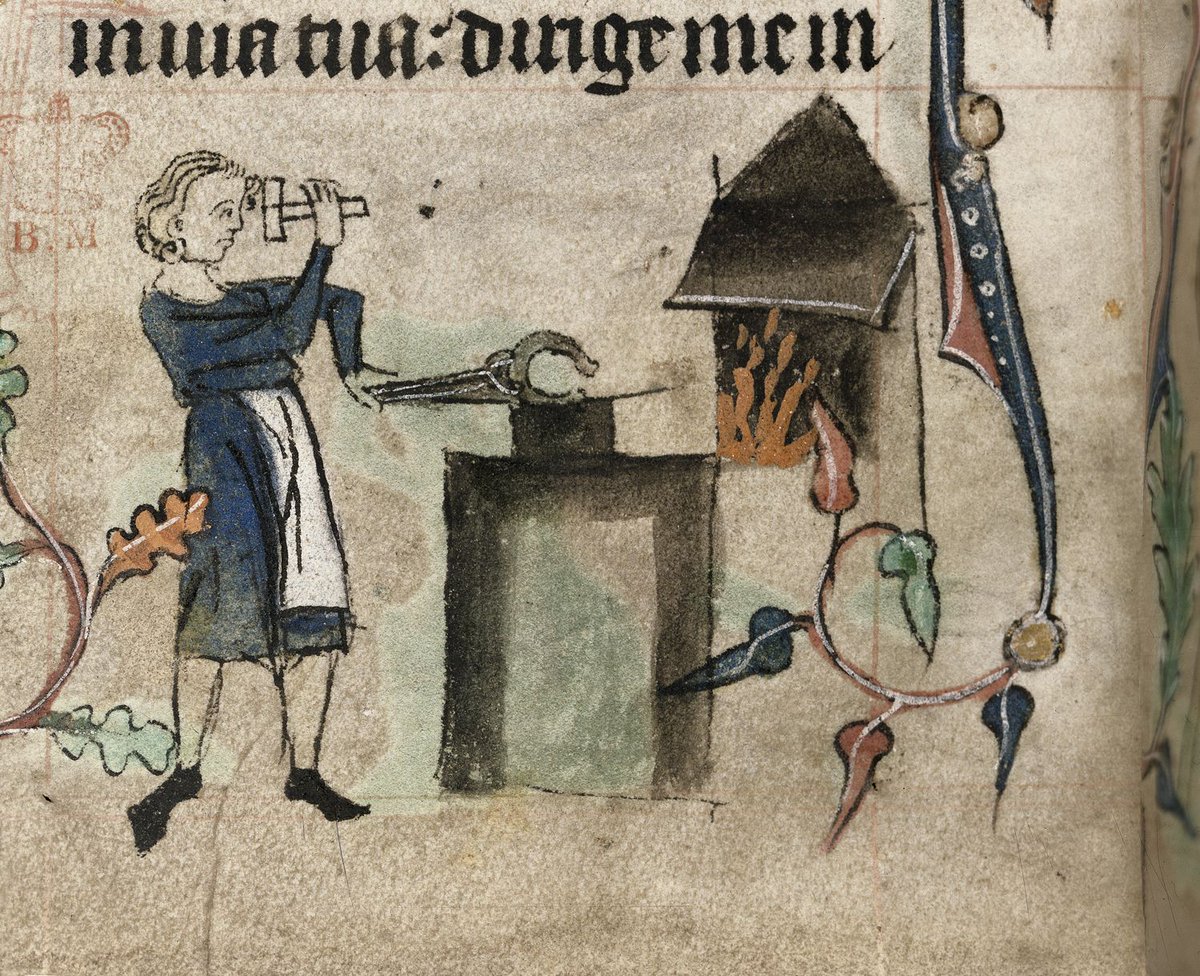 Blacksmith at work BL Harley 6563; Book of Hours; c.1320 CE-c.1330 CE; England, S. E. (London); f. 68v @BLMedieval