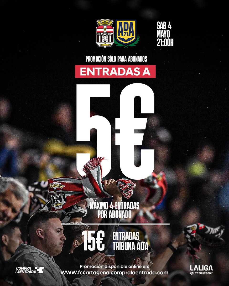 FCCartagena_efs's tweet photo. 🎟 Ampliamos la promoción para abonados para el #CartagenaAlcorcón 

🙌 Ahora, hasta 4 entradas por abonado a 5€/entrada (excepto en Tribuna Alta)

Toda la información, aquí👇
https://t.co/D3i2nS4y3X https://t.co/ffgSQZR3Co