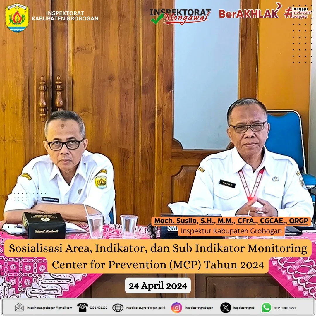 inspektoratgrob's tweet image. Inspektorat Kab.Grobogan bersama OPD terkait mengikuti sosialisasi area, indikator, Dan sub indikator MCP thn 2024 secara online yg diselenggarakan oleh KPK RI Direktorat Koord. dan Supervisi Wil. III di Aula Inspektorat Kab. Grobogan, 24 April 2024.
@MochSusilo1
#mcp2024 #kpkri