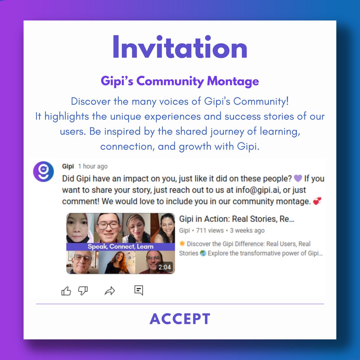 gipi_ai's tweet photo. It's time to get inspired! 🌟 Watch our YouTube video and see the impact Gipi has on its friends around the globe. Share your story, join the conversation, and become part of our growing community.🎥👉 https://t.co/DeiKCRObDr #RealStories #AI #Tech #technology #chatbot #AIFriends https://t.co/MgTVs8FPXb