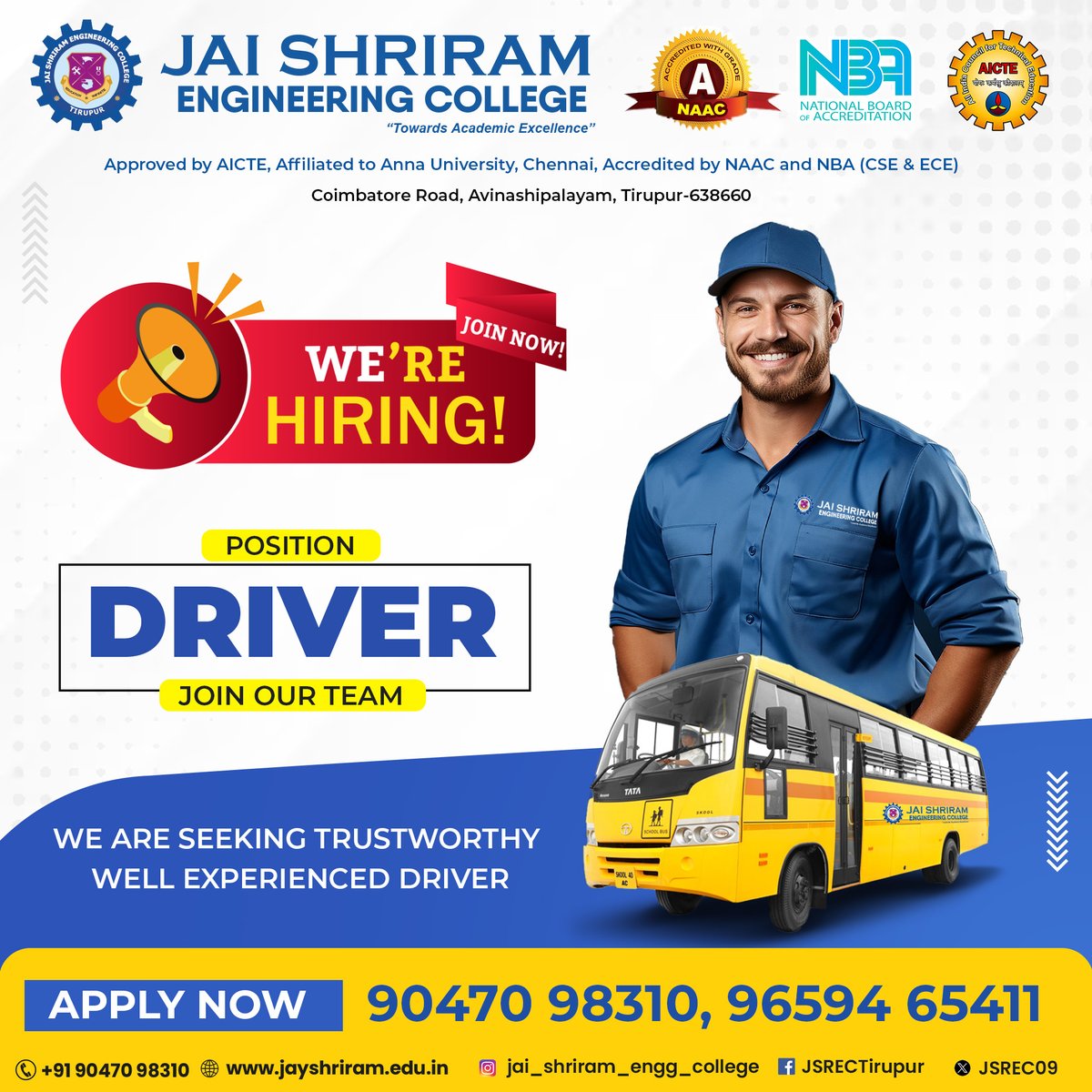 JSREC09's tweet image. We are Hiring

✅Driver

#jaishriramengineeringcollege #JSREC #college #annauniversity #engineering #student #placement #job #ece #cse #tirupur #culturals #event