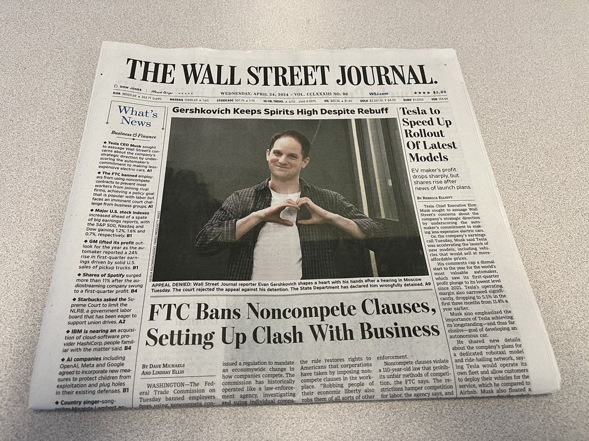 The front page of today’s Wall Street Journal. Free Evan now