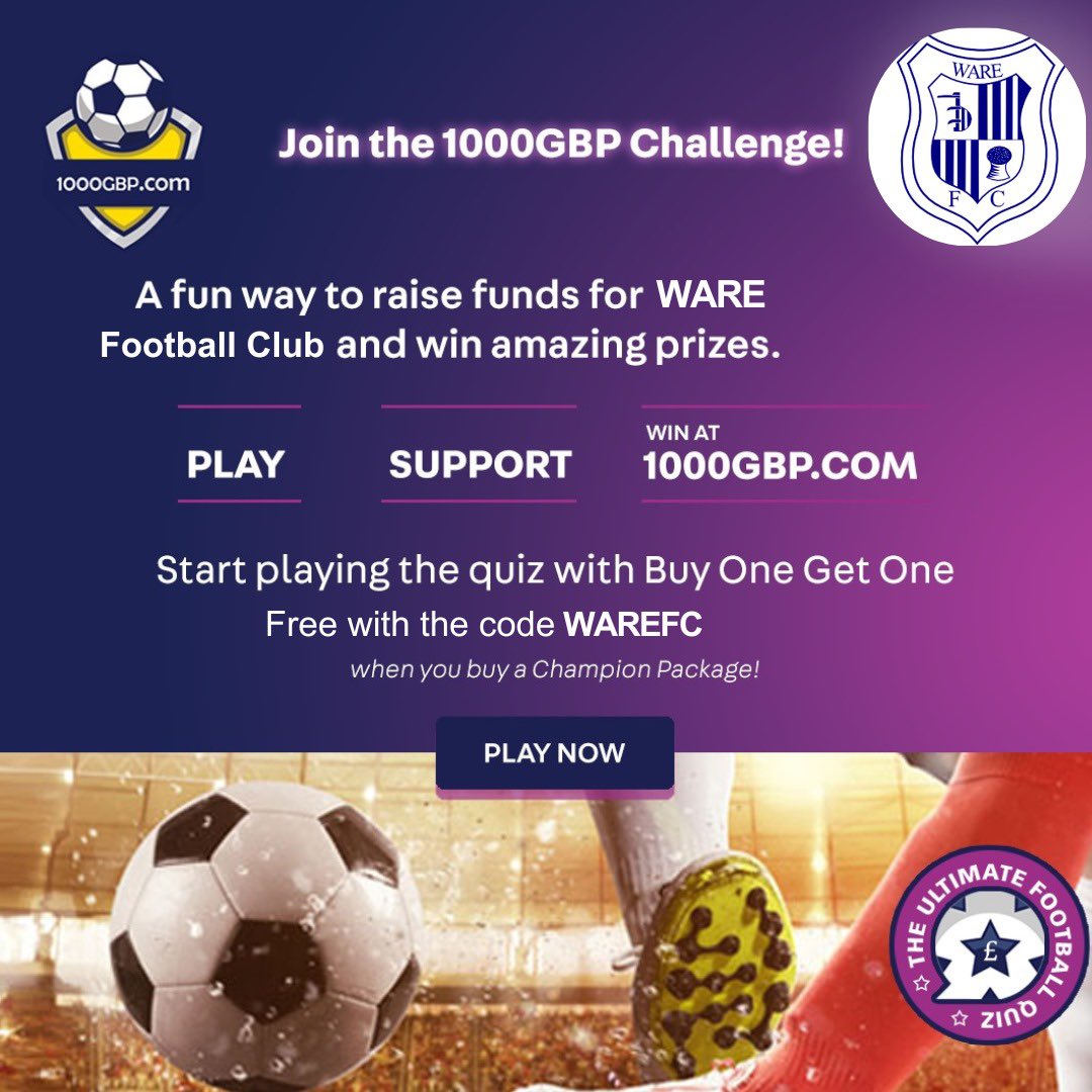 Ware_FC's tweet image. AD

⚽🌟 Thrilled to collaborate with 1000GBP.com! Sign up today at  to play The Ultimate Football Quiz and help our club thrive. Get three free questions when you join us in supporting grassroots football! #1000GBP.com #SupportLocalFootball