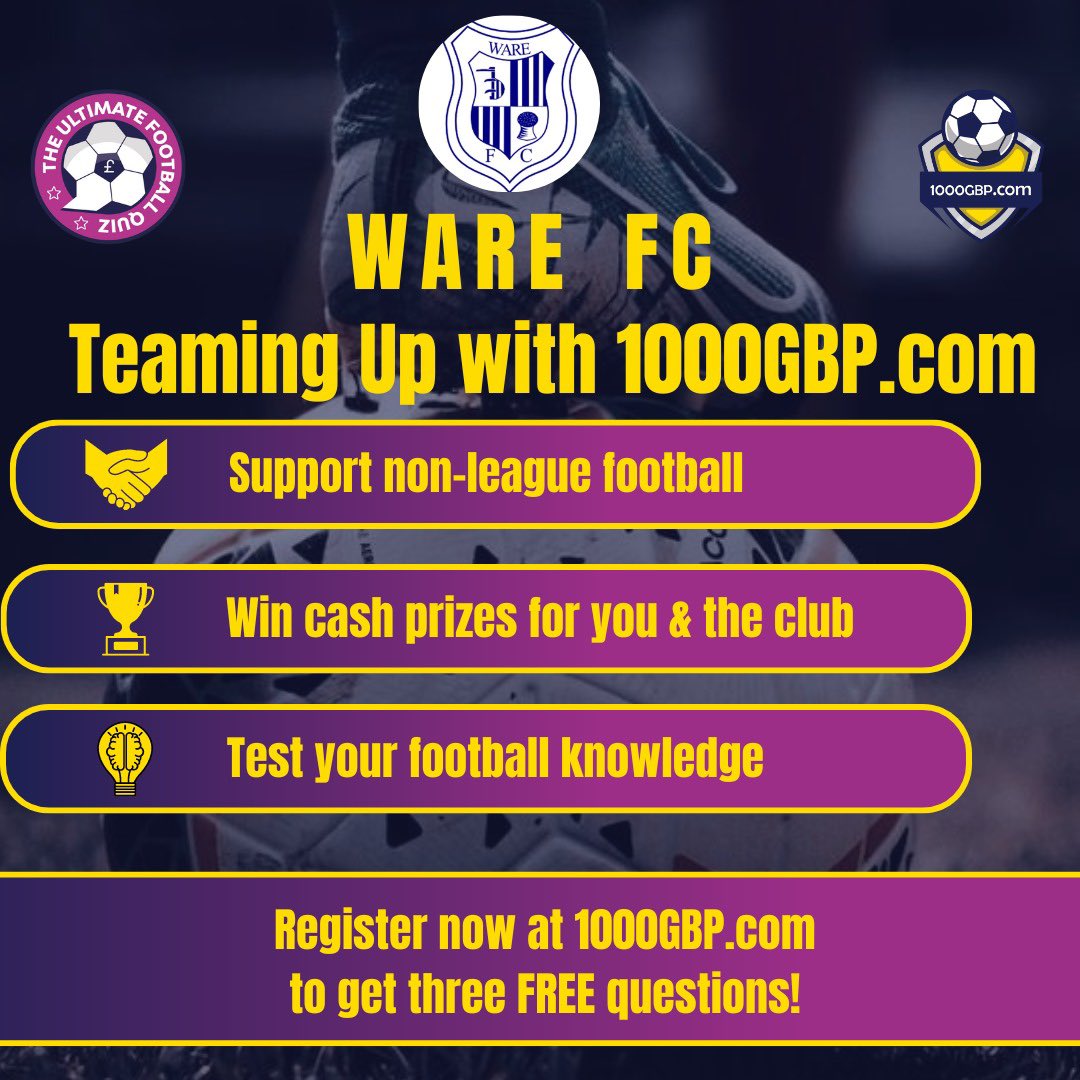 Ware_FC's tweet image. AD

⚽🌟 Thrilled to collaborate with 1000GBP.com! Sign up today at  to play The Ultimate Football Quiz and help our club thrive. Get three free questions when you join us in supporting grassroots football! #1000GBP.com #SupportLocalFootball