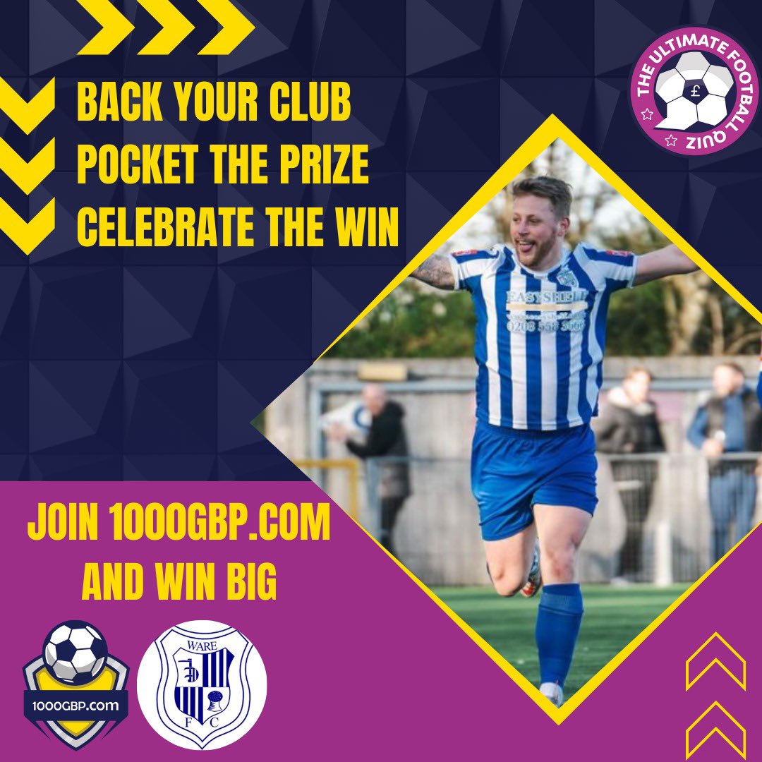 Ware_FC's tweet image. AD

⚽🌟 Thrilled to collaborate with 1000GBP.com! Sign up today at  to play The Ultimate Football Quiz and help our club thrive. Get three free questions when you join us in supporting grassroots football! #1000GBP.com #SupportLocalFootball