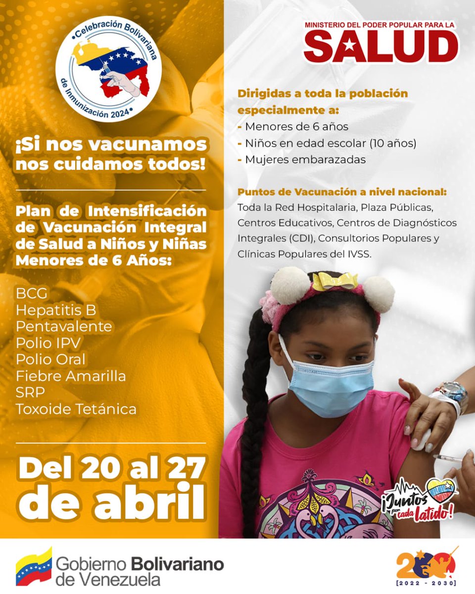 Continúa la “Celebración Bolivariana de Inmunización 2024”, en todos nuestros centros del Sistema Público Nacional de #Salud. ¡Si nos vacunamos nos cuidamos todos! #JuntosPorCadaLatido #SembrandoPatria @NicolasMaduro @MagaGutierrezV