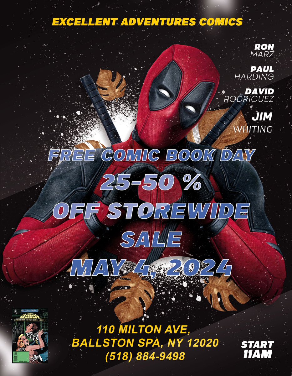 FREE COMIC BOOK DAY is Saturday, May 4th. Go out and support your Local Comic shops and buy some Comics, along with the FREE stuff. Here’s our event for the day: