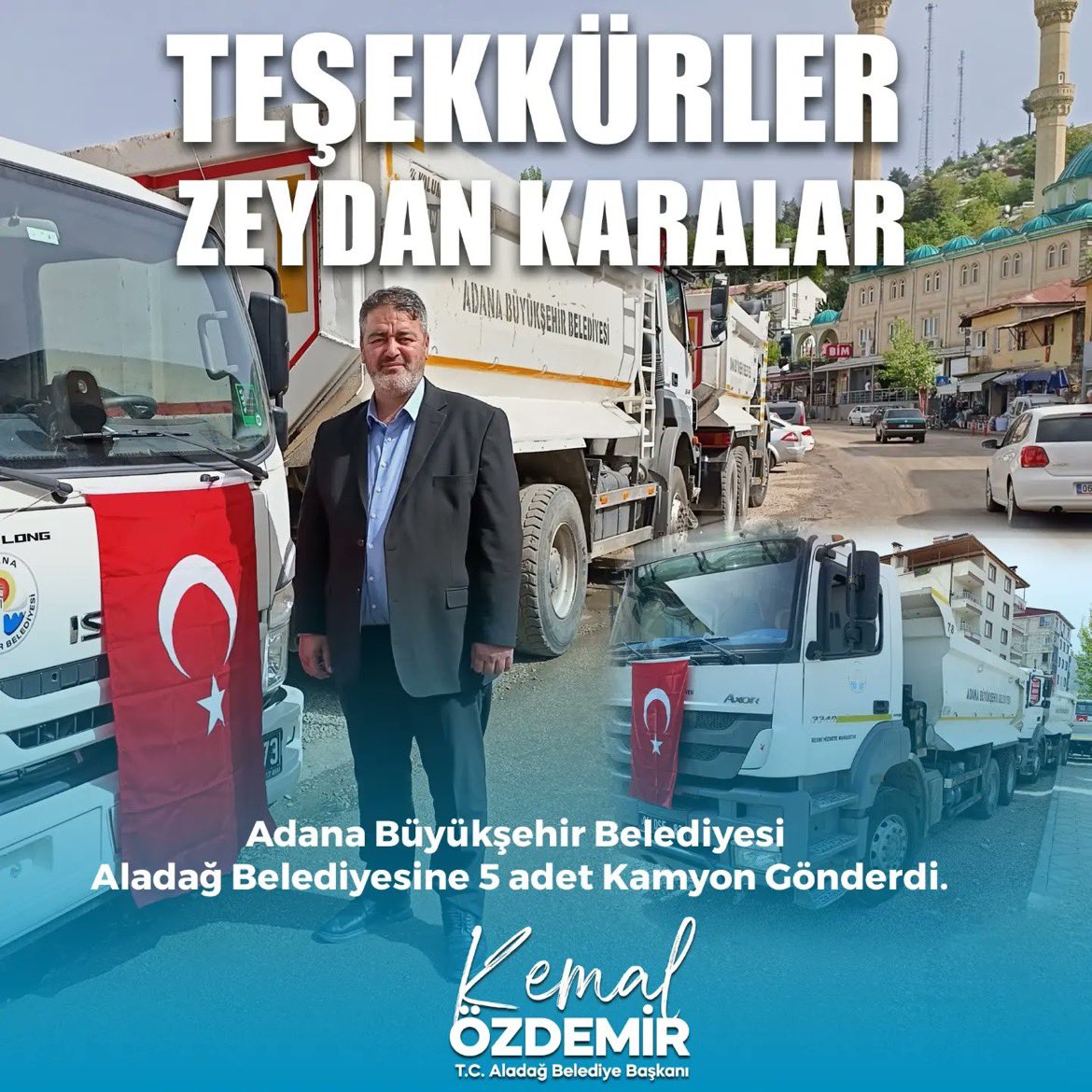 Teşekkürler Zeydan Karalar

AKP'den CHP'ye geçen Adana'nın Aladağ Belediyesinde, AFAD tarafından 9 yıldır belediyenin kullanımına tahsis edilmiş olan 3 kamyon geri çekilmişti.  

Adana Büyükşehir Belediye Başkanı Zeydan Karalar, Aladağ Belediyesi'ne 5 adet kamyon gönderdi.