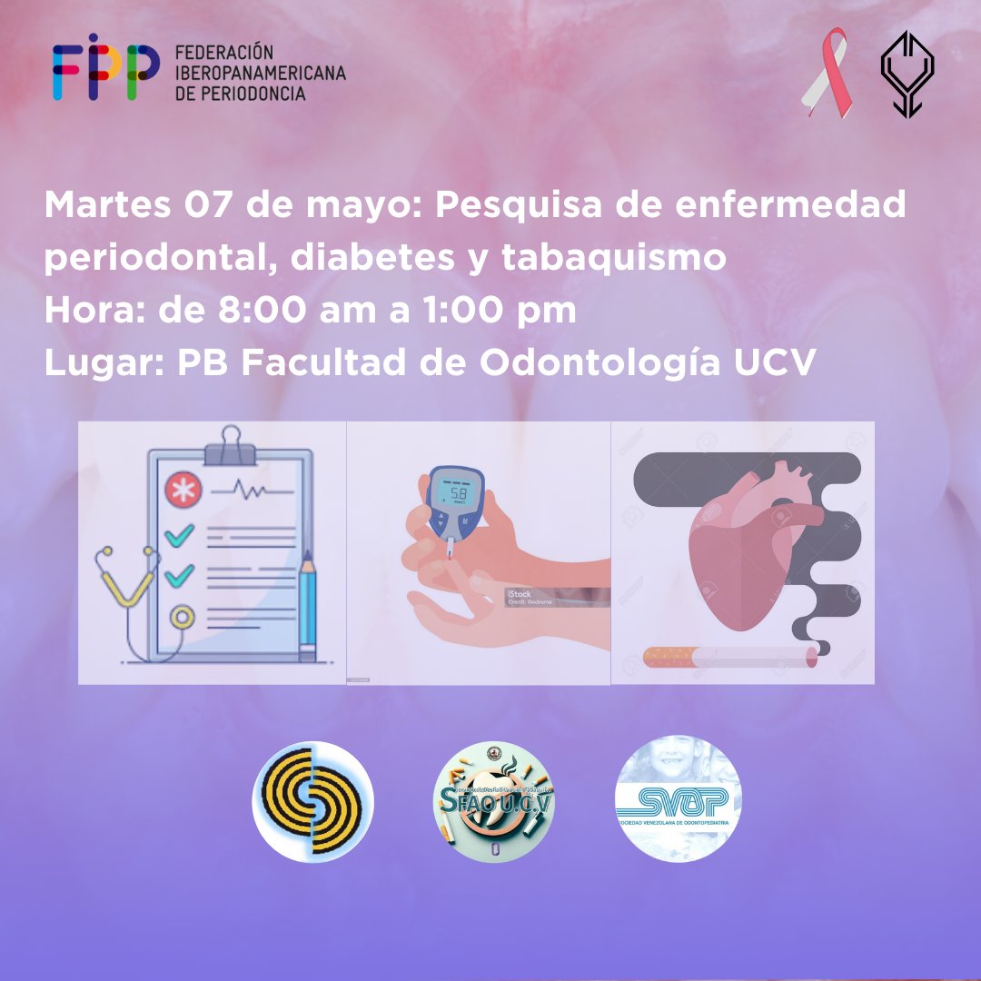 svperiodoncia's tweet photo. En el marco de "La Semana de la Salud de las Encias" 2024

Dia: martes 7 de mayo.
Actividad: Pesquisa de enfermedad periodontal, diabetes y tabaquismo.
Hora: De 8 am a 1 pm.
Lugar: Facultad de Odontología de la UCV https://t.co/hVPgCsNvdE