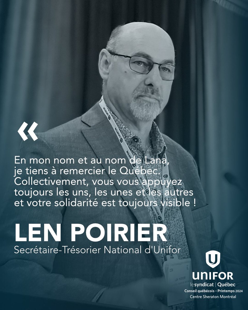 Unifor National Secretary-Treasurer @len_poirier welcomes delegates at Quebec Council on behalf of @Lanampayne and the leadership team, and thanks members for their constant and powerful activism.