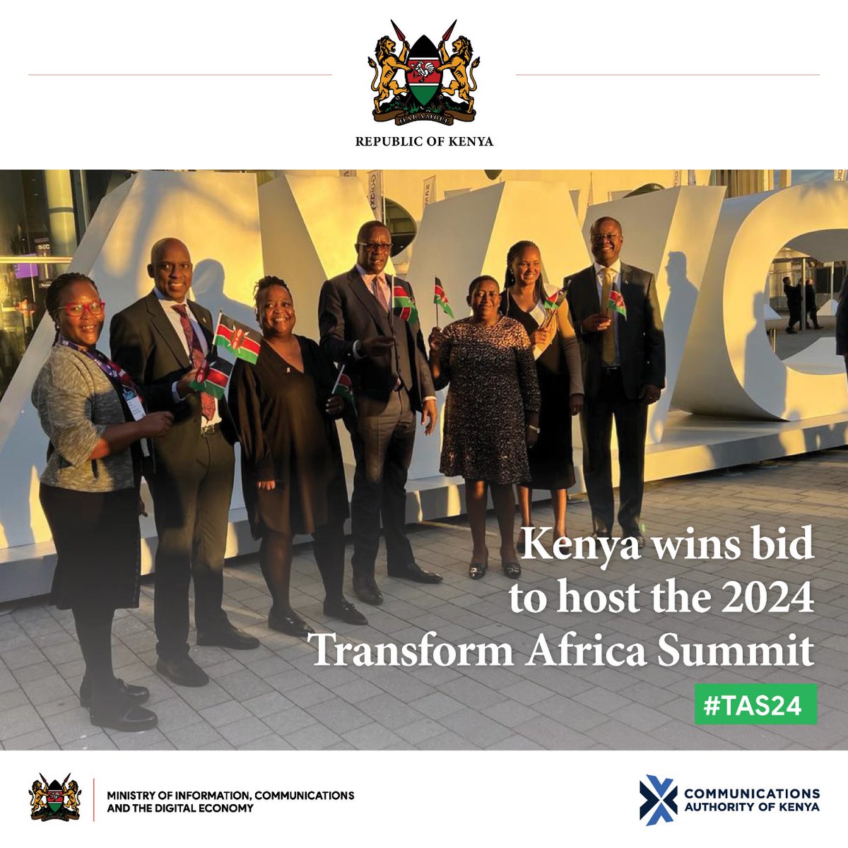 Eddiest_Ke's tweet photo. Kenya's proposal to host the
"Transform Africa Summit 2024" was successful in February; a significant accomplishment that will establish Kenya as a leader in the ICT sector in Africa &amp; attract investments and partnerships worldwide.

#TAS2024Launch  @CA_Kenya https://t.co/ffWoIcV5SQ