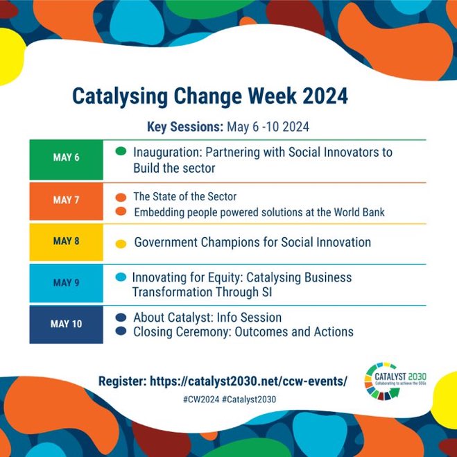 Guys Join us at Catalysing Change Week 2024 as global leaders to shape the social innovation section through flagship Sessions at CCW 2024 from May 6th to 10th, 2024 🔥🤩. 

Register to attend catalyst2030.info/RegisterCCW. Don’t sleep on this opportunity. 
#CatalysingChange