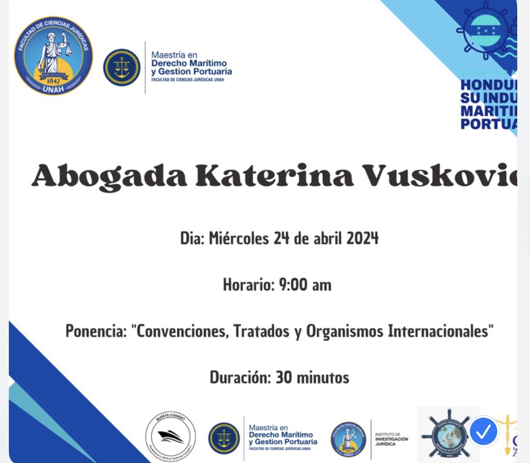 KVuskovic's tweet photo. Un honor recibir la invitación para participar hoy en el Seminario Académico Internacional de Honduras y su Industria Marítima y Portuario organizado por Universidad Nacional Autónoma de Honduras. Se tocarán temas e interesantes para el sector marítimo y portuario. https://t.co/11QQaw1GMQ