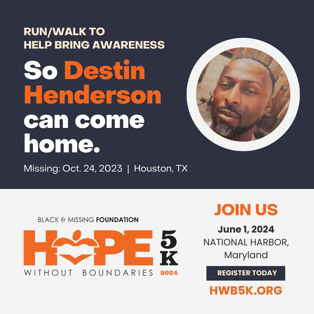 We need your support to #HelpUsFindUs! Run/walk on June 1 to help amplify cases like Destin Henderson, missing since October 24, 2023 from #Houston, #Texas. Register at HWB5K.org #HWB5K #Run #Walk #5K #HopeWithoutBoundaries #CommunitySupport