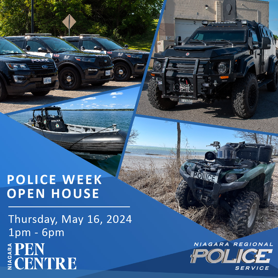 Join us May 16th at Niagara Pen Centre for an exciting afternoon learning about how the NRPS works to keep #Niagara safe.

Members from a wide range of units will be showcasing our vehicles, along with talks on Fraud, Auto Theft Prevention, Cyber Awareness & more. #PoliceWeek2024