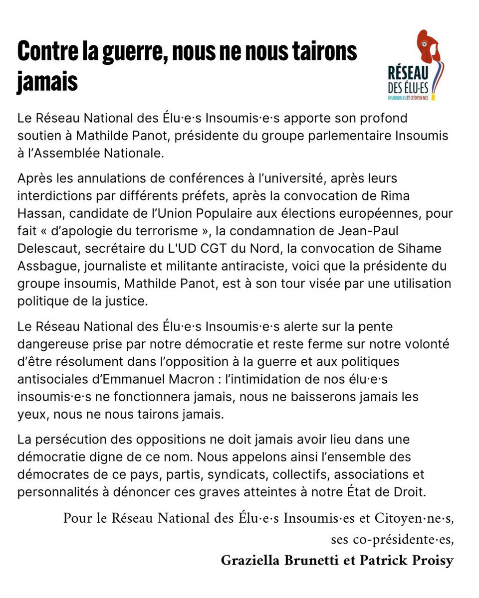 L'intimidation de nos élu-e-s ne fonctionnera jamais, nous ne baisserons pas les yeux, nous ne nous tairons pas. L'ensemble des démocrates de ce pays doivent denoncer ces graves atteintes à notre Etat de droit. #soutienmathilde