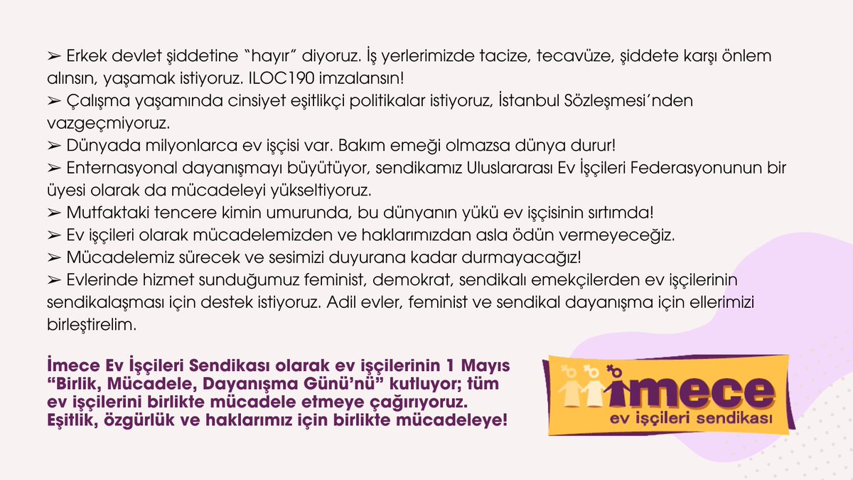 📣 Ev İşçilerinin sesine kulak verin❗ #1Mayıs açıklamamız 👇🧤 Bizler ev hizmetlerinde ücretli çalışanlarız; yani bakıcıyız, çamaşırcıyız, ütücüyüz, aşçıyız, bulaşıkçıyız, temizlikçiyiz… #EvİşiİşEvİşçisiİşçidir #EvİşçilerineGüvence ☂️ 👇👇