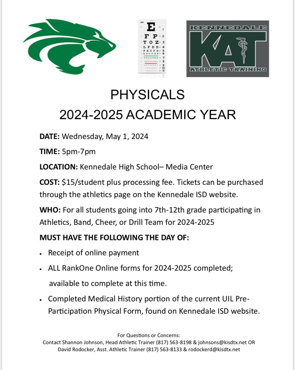 Another reminder regarding physicals. They’re 1 week away!! Great opportunity for you to get yours finished so you’re ready for the 24/25 school year and upcoming seasons. <a href="/KennedaleISD/">Kennedale ISD</a> <a href="/urkhsprincipal/">Kennedale HS</a> <a href="/kjhswildcats/">Kennedale Junior HS</a>
