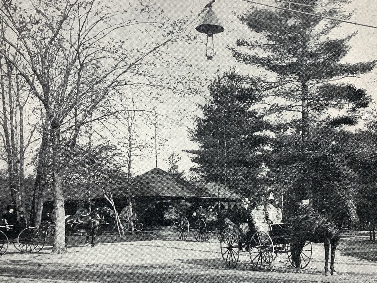 Horse and buggy was the way to see Forest Park when it was brand new.  A few more athletic folks followed the latest trend of bicycling.  Note the bike parked in front of the pavilion.