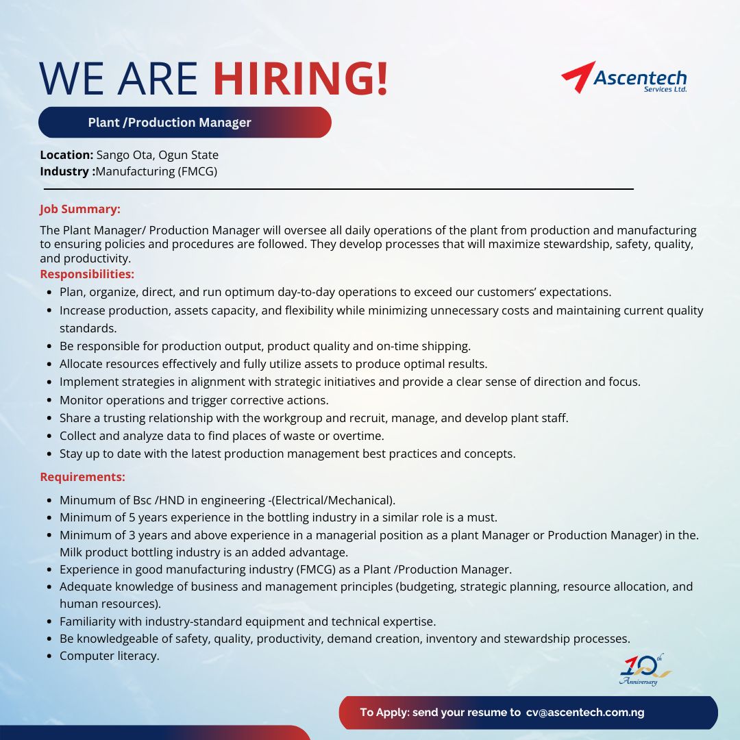 VACANCY! VACANCY!

We are currently hiring a Plant /Production Manager. If you know you fit this position and meet all the requirements, kindly forward your CV to cv@ascentech.com.ng

#vacancy #jobvacancy #jobsforyou #JobSeekers