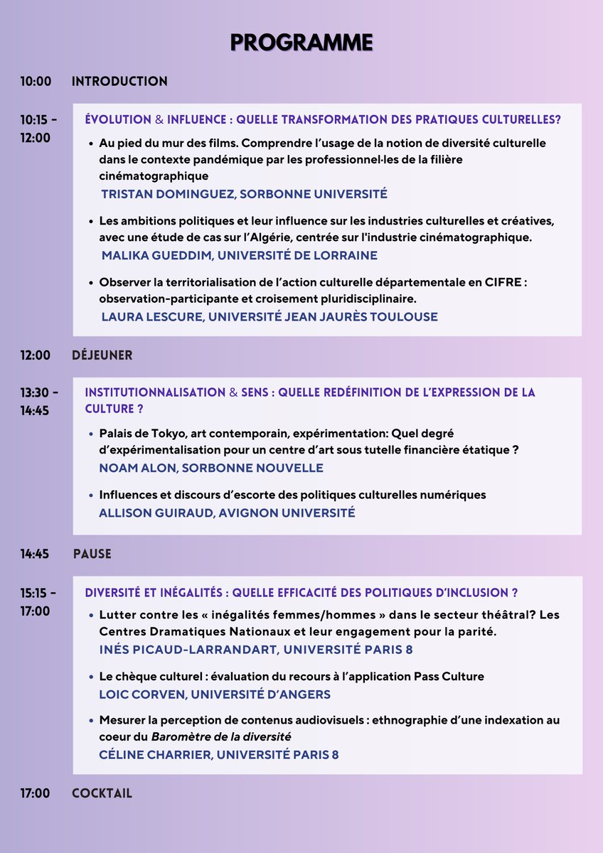 [Journée d'études]

Le programme officiel de la JE "Politiques culturelles : évolution, pertinence et influence" est disponible. 
L'événement aura lieu le 24 mai 2024 au sein du Campus Condorcet et en ligne ! 

Inscriptions obligatoires : forms.gle/kCqUBFxAUoipgZ…