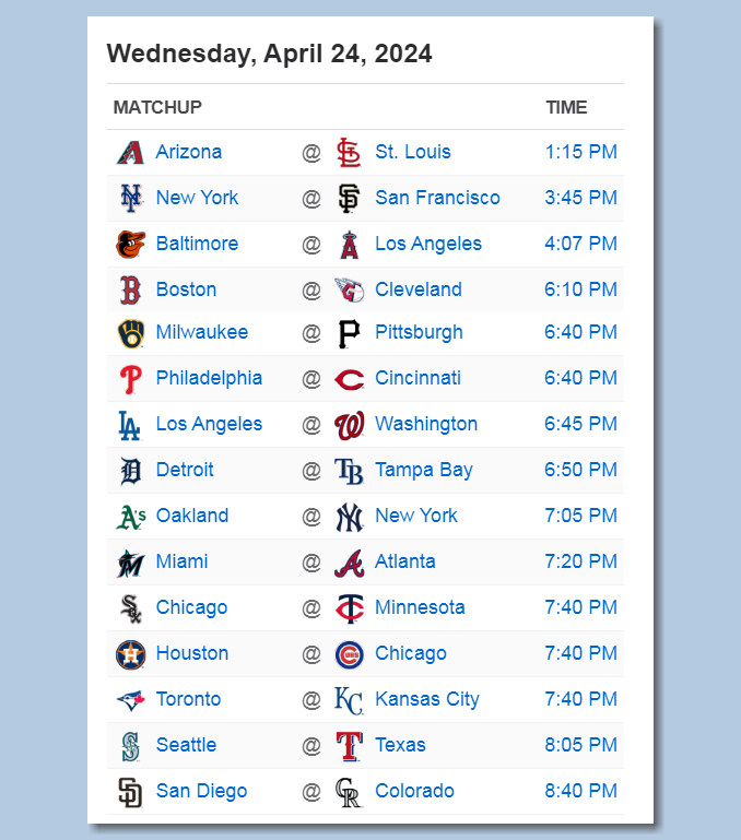 Here's the #MLB schedule for Wednesday, April 24th - PLAY BALL!!!