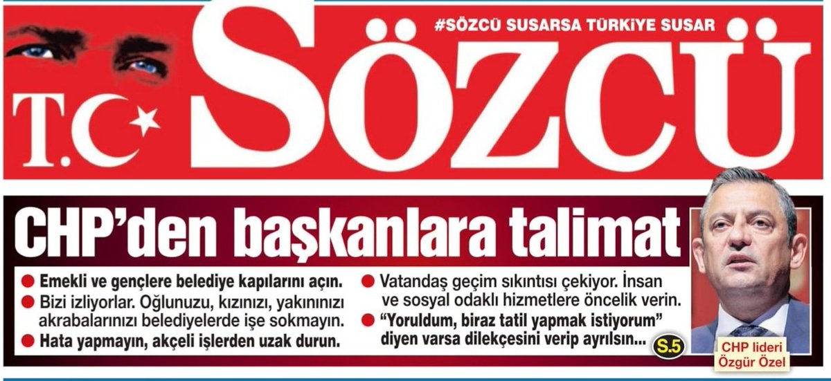 CHP'den başkanlara talimat:

-Emekli ve gençlere kapıları açın,
-Yoruldum, tatil diyen istifasını versin,
-Belediyelere yakınlarınızı almayın,
-Akçeli işlerden uzak durun.

(Sözcü)