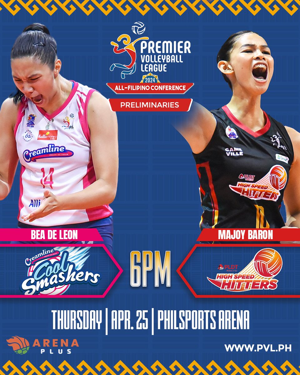 COOL SMASHERS, HIGH SPEED HITTERS CLASH! 🏐 ⚔️: CREAMLINE🍦 vs PLDT☎️ 🕕: First serve is at 6:00 p.m. 🎟️: tinyurl.com/PVLDay27tickets Watch the games on: 📺 : One Sports | One Sports+ | RPTV 📲 : Pilipinas Live 🖥️ : pvl.ph/live #CCSvsHSH | #PVL2024