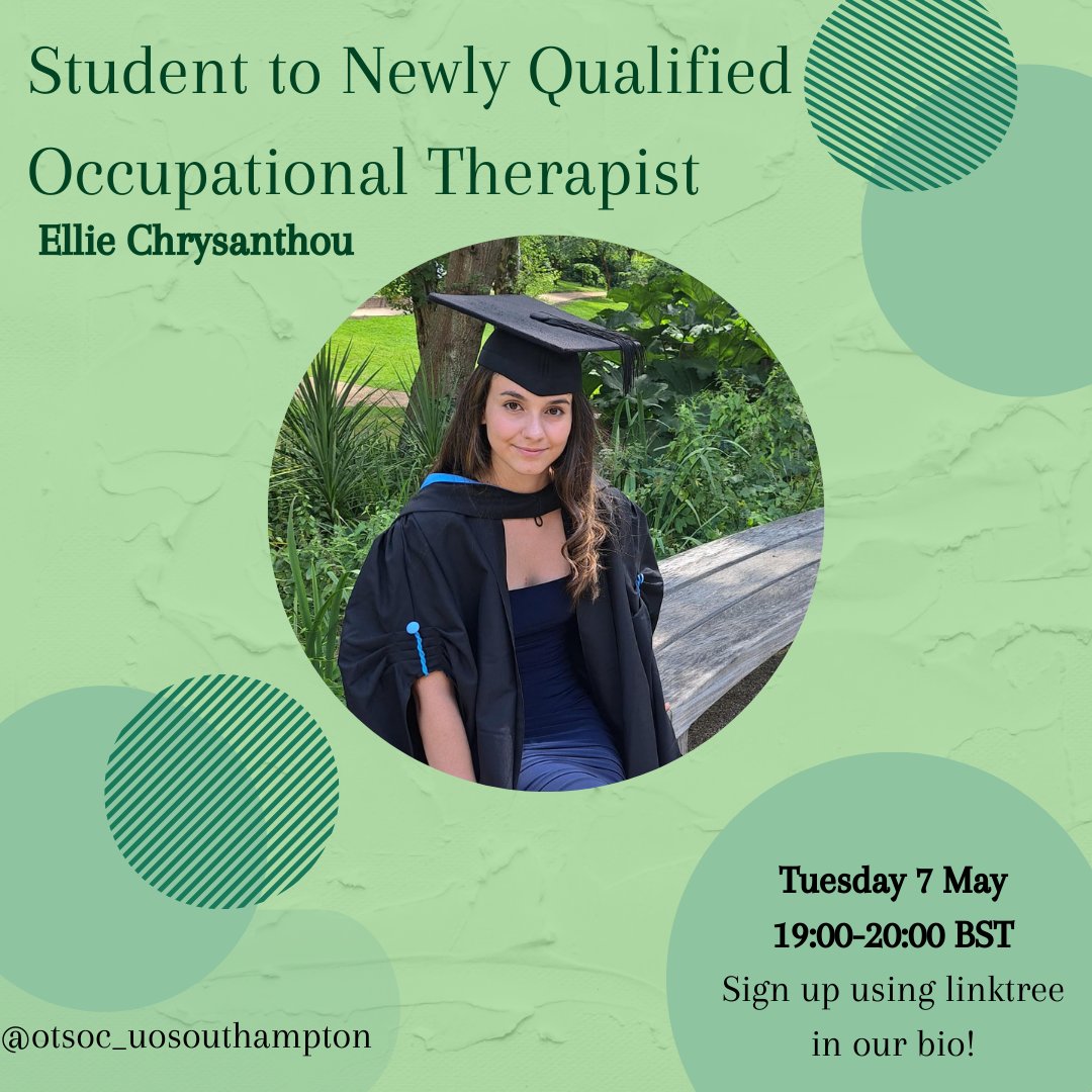 We will be hosting our final talk of the academic year on Tuesday 7 May at 7pm! Ellie will be sharing her experience of transitioning from student to Band 5 OT 🎓. She will be sharing some useful information and tips. Sign up using our Linktree💚