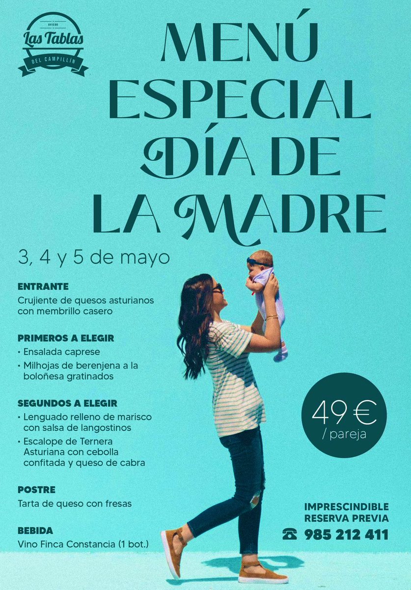 Celebra el día de la madre con nuestro menú especial para 2, con todo incluido. Te esperamos el viernes 3, sábado 4 y domingo 5 de mayo. Reservas 985 21 24 11 😘