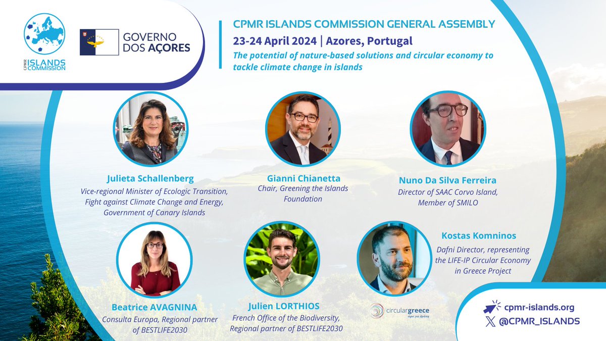CPMR_ISLANDS's tweet photo. #CPMRIslands2024 | Climate session
Islands are at the forefront of climate change action. They are ideal locations for implementing nature-based solutions and circular economy 🌻

➡️Panellists will showcase the best strategies to support islands in climate change adaptation 🌍 https://t.co/2wVBqgvffA