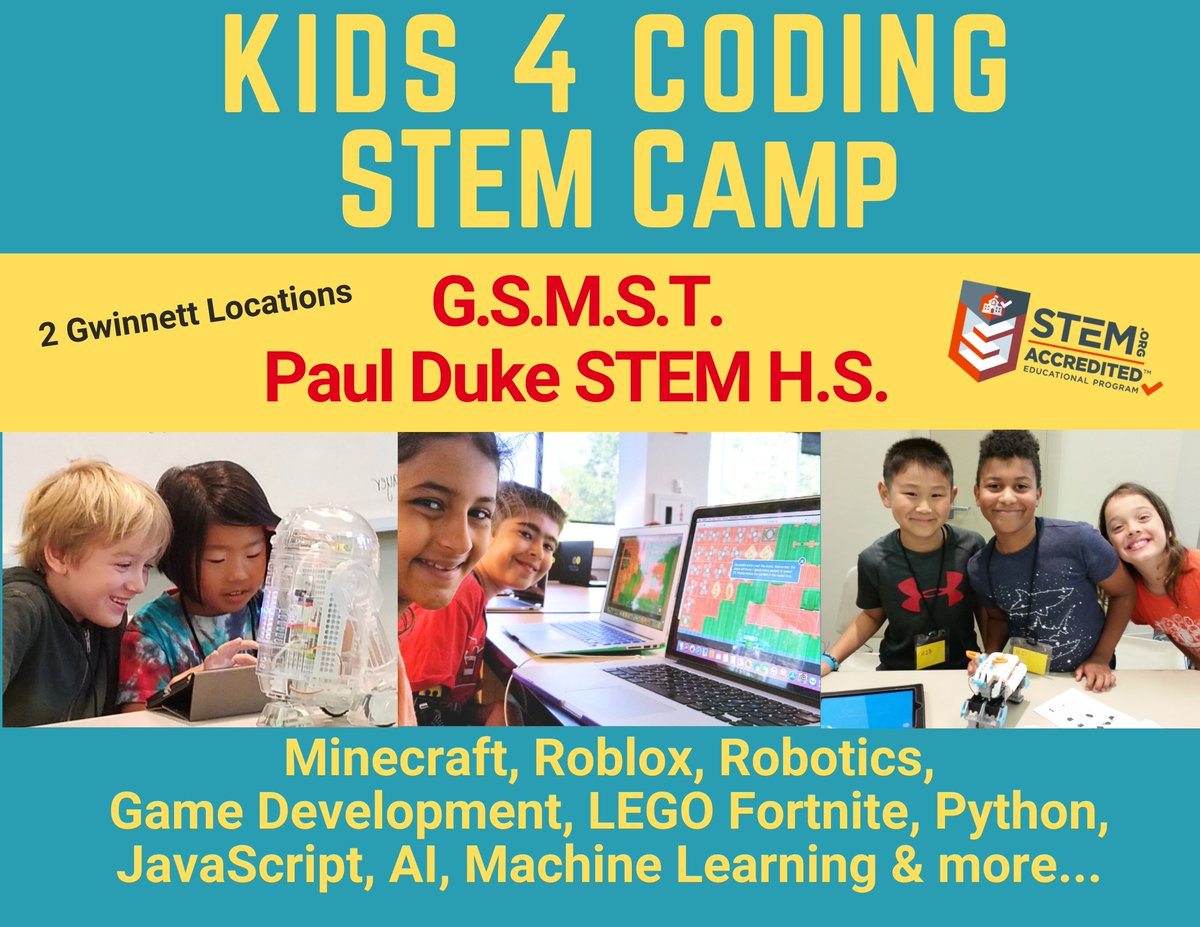 kids4coding's tweet image. @GwinnettDail@Kids4coding
STEM Accredited Camps returning to Paul Duke STEM H.S. & G.S.M.S.T. June-July | Keeping kids engaged in summer learning. kids4coding.com/inperson-techc…
