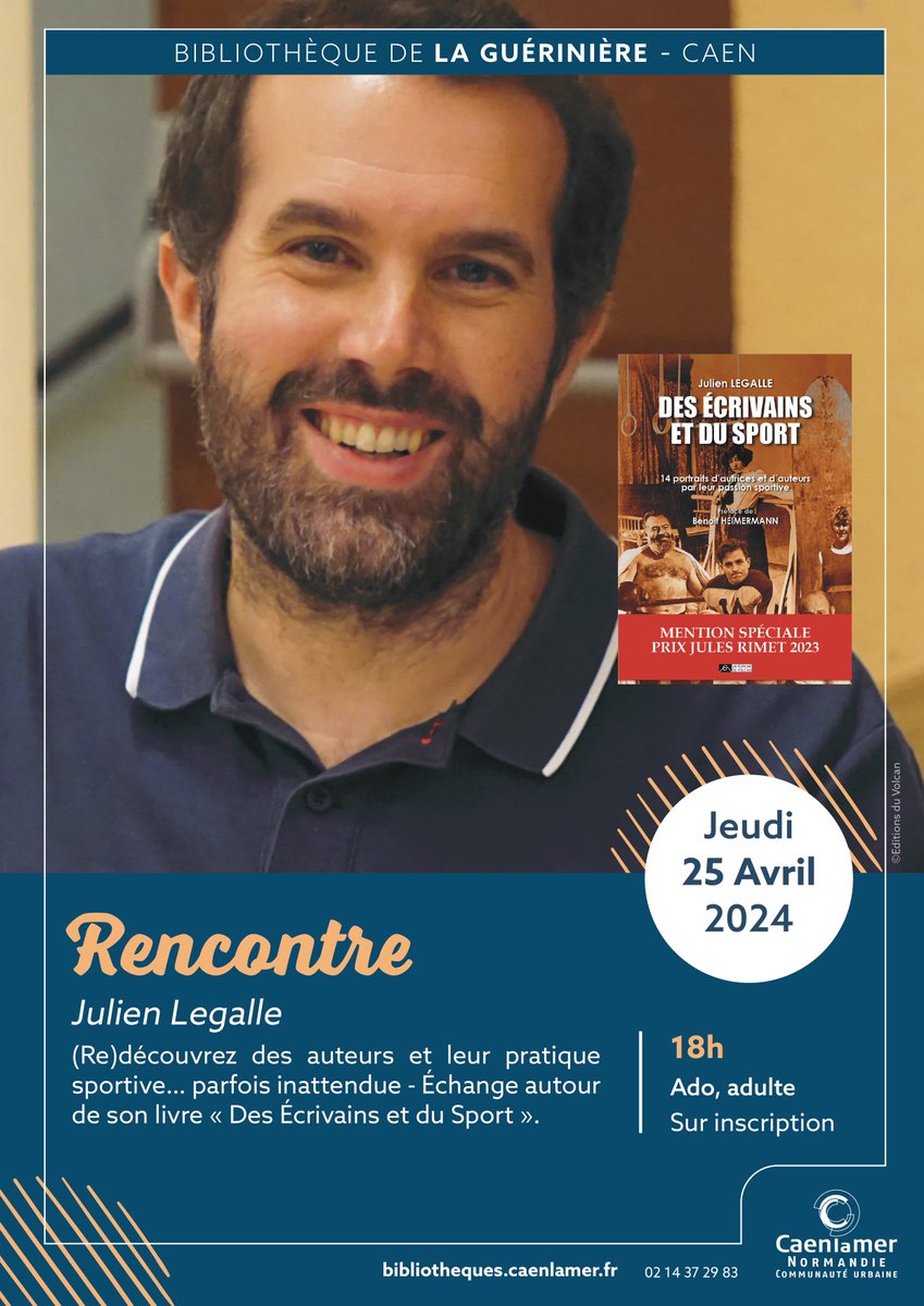 🆕Je vous donne rendez-vous jeudi 25 avril à 18h à la bibliothèque de la Guérinière de @CaenOfficiel pour une rencontre autour 'Des écrivains et du sport' @EdVolcan 👉infolocale.fr/equipements-pu…