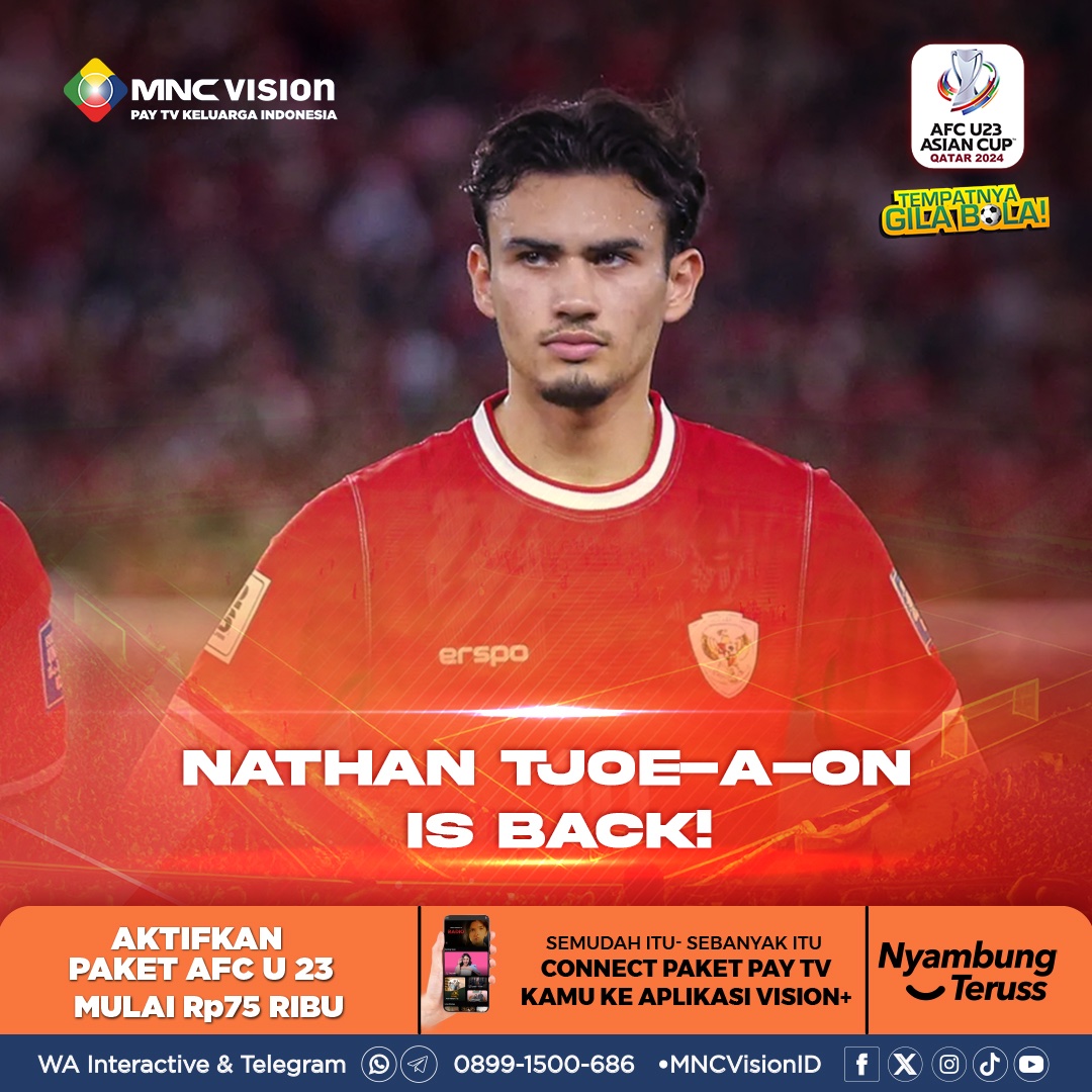 Nathan Tjoe-A-On kembali siap bela Timnas Indonesia U-23 di Piala Asia U-23 Qatar 2024🥳 Wah, siap kasih kejutan buat Korea Selatan nih Nathan😁 Saksikan keseruan Timnas Indonesia selanjutnya di Piala Asia U-23 Qatar 2024 dengan mengaktifkan paket AFC U-23 mulai dari 75 ribu!