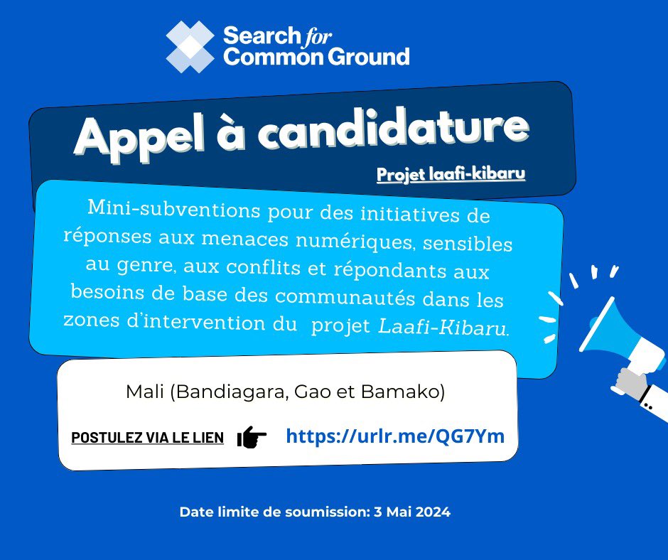 📣𝐀𝐏𝐏𝐄𝐋 𝐀 𝐂𝐀𝐍𝐃𝐈𝐃𝐀𝐓𝐔𝐑𝐄 Vous êtes une OSC formelle ou informelle au 🇲🇱, vous avez 1 projet novateur pour favoriser l’accès à une information fiable, sensible au conflit, au genre sur l'espace numérique, alors visitez ce site: urlr.me/QG7Ym #InternetSain